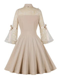 Knot Neck Mesh Flare Sleeve Spring Summer Women Birthday Dress Apricot Vintage A-Line Pocket Short Dresses