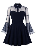 Turn-Down Collar Mesh Flare Sleeve Vintage Party Outfits Women Black Solid Elegant Mini Dress