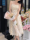 Summer Lace Floral Sweet Midi Korean Pearls Ruched Split Fairy Irregular Hem Lace Mesh Cute Dress