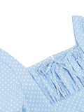 Square Neck Ruched Knot Front High Waist Elegant Blue Midi Dress Women Polka Dot Print Pleated Summer Vintage Dresses
