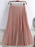 Women Office Lady Elegant Pleated Skirt Elastic High Waist Casual Midi Long Skirt