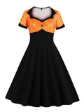 Two Tone Sweetheart Neck Button Front Vintage Party Dresses Women Pinup Retro Polka Dot A Line Summer Swing Dress