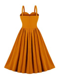 Ginger Knot Front Summer Vintage Pleated Dress Women Spaghetti Strap Vacation Party Polyester Dresses