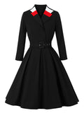 Color Block Notched Collar Button Up Belted Pleated Black Elegant Autumn Winter Ladies Vintage Dresses
