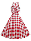Gingham 50s Style Red Plaid Rockabilly Vintage Dresses for Women Button Front Halter Party Elegant Backless Dress
