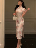 Summer Women Elegant Cheongsam Dress Solid One Piece Lady Slim Dress