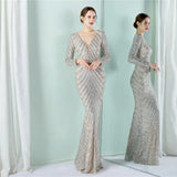 Stretch Sequin Maxi Dress Full Sleeve V Neck Mermaid Stripes Evening Night Long Party Dress