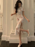 Summer Women Elegant Cheongsam Dress Solid One Piece Lady Slim Dress
