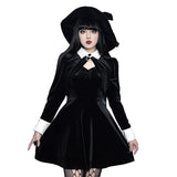 Black Velvet Short Women Goth Vintage Turn Down Collar Button Long Sleeve Jackets Autumn Streetwear Dress