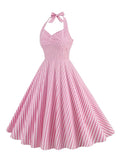 Pink and White Stripes Ruched Front High Waist Cotton Dresses Halter Neck Women Birthday Party Rockabilly Vintage Dress