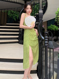 Summer Women Sexy Spaghetti Strap Green Dress Elegant Sleeveless Holiday A-Line Vestdios