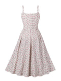 Spaghetti Strap Summer Vintage Floral Pleated Dresses for Women O-Neck Vacation Beach Summer Midi Dress