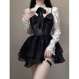 Lace Kawaii Lolita Mini Dress Set Punk Harajuku Aesthetic Black Goth Kpop Korean Dress