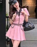 2pcs/set Summer Ruched Bow Sweet Women Korean Button Kawaii Mini Skirt Set Slim Fit Party Suit