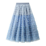 Women Asymmetrical Tulle Long Black Ruffle Layered Vintage High Waist Puffy Pleated Maxi Skirt