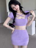 2pcs/set Summer Cross Midriff Sexy Women Korean Wrap Sweet Mini Skirt Set Elastic Skinny Fit Party Suit