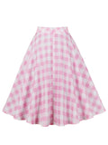 Cute Pink Plaid Print Summer Skirt for Women Festival Outfit Vintage Rockabilly A Line Midi Swing Skirts