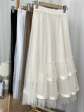Elegant Frill Trim Mesh Patchwork Pleated Midi Long Elastic High Waist Asymmetric Tulle Skirt