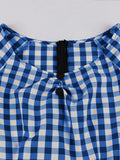 Plaid and Black Patchwork Vintage Pleated Dresses Women Button Front Short Sleeve Summer Gingham Rockabilly Dress