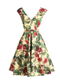 V-Neck Botanical Print 50s Pinup High Waist Vintage Women Sleeveless A-Line Elegant Party Dress