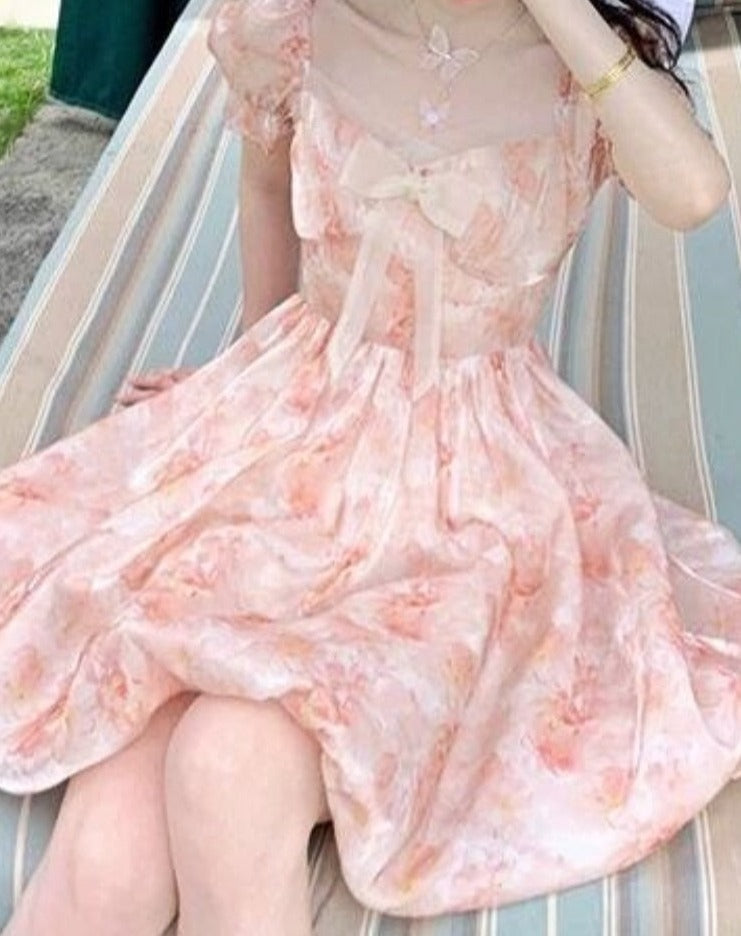 Summer Chiffon Printing Bow Sweet Bandage Backless Kawaii Korean Glitter Cute Mini Dress
