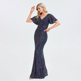 Short Ruffee Sleeve Eveing Dress Shinning Sequins V-neck Women Gowns Floor Length Mermaid Robes