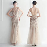 Women Gold Sequin Strap Beading Party Maxi Dress Sexy V Neck Evening Long Prom Dress