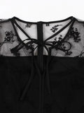 V-Neck Sweetheart Women Floral Flocking Mesh Long Sleeve Dresses High Waist Vintage Autumn Black Sexy Party Dress