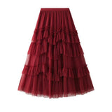 Long Maxi Women Korean Irregular Ruffle High Waist Pleated Skirt Mesh Asymmetrical Tutu Skirt