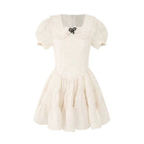 All-match 90's Harajuku Bubble Sleeve Sweet Kawaii Women Bow Lace French Vintage High Waist Mini Dress