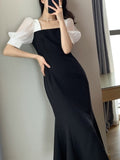 Elegant Women Summer Party Midi Dress Korea Style Office Lady One Piece Slim Waist Vestdios