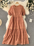 Cutwork Embroidery Dress Round Neck Short Puff Sleeve Tiered Casual Midi Dress