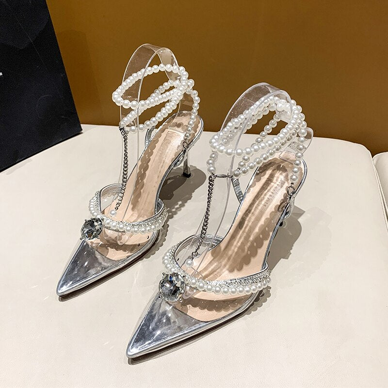 Silver Pearl Ankle Strap High Heels Sandals Women Summer Sexy Pointed Toe Clear PVC Sandals Woman Fashion Rhinestone Party Shoes