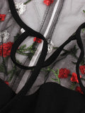 Short Sleeve Contrast Mesh Elegant Women Floral Embroidery Swing Dress Tie Neck Pocket Side Summer Vintage Clothes