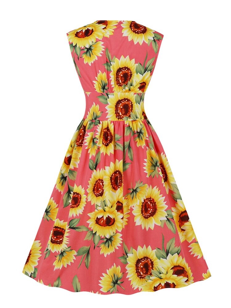 Sunflower Print High Waist Single-Breasted Summer Vintage Pleated Women Retro 50s Floral Midi Elegant Dress