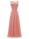 Lace Chiffon Swing Sleeveless Party Evening Round Neck Elegant Appliques A-Line Pink Blue Red Fall Long Prom Dress