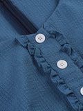 Frilled Button Front Petal Sleeve Summer Outfits for Women Knee Length Vintage Style Blue Pleated Dress