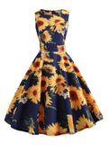 Navy Blue 1950s Sunflowers Dress