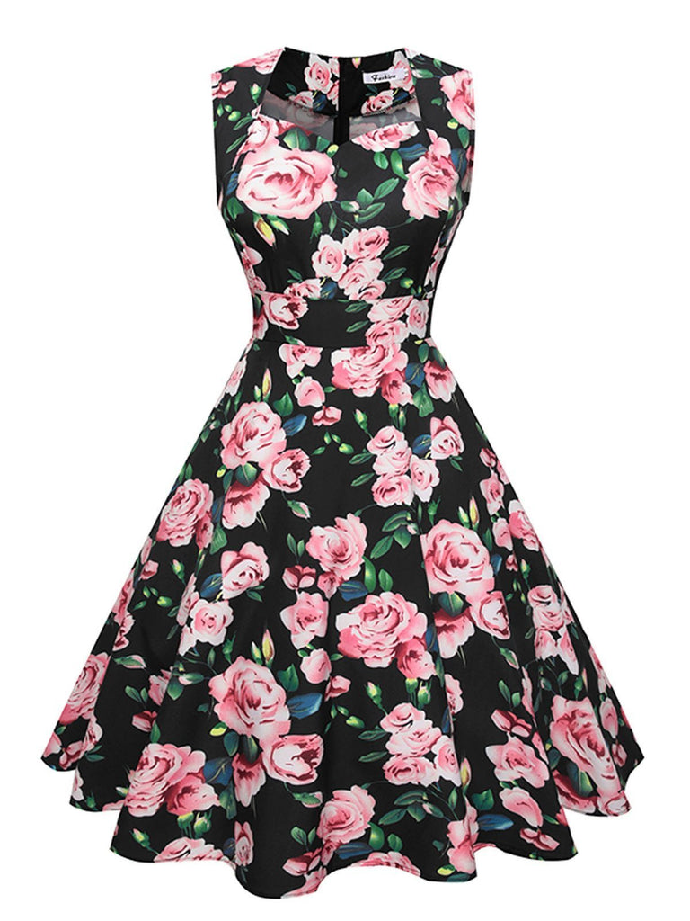 1950s Floral Print Swing Party Dress