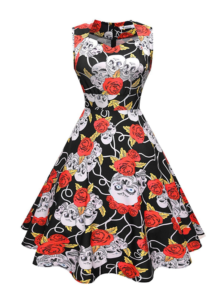 Black 1950s Skull Rose  Swing Party Dress