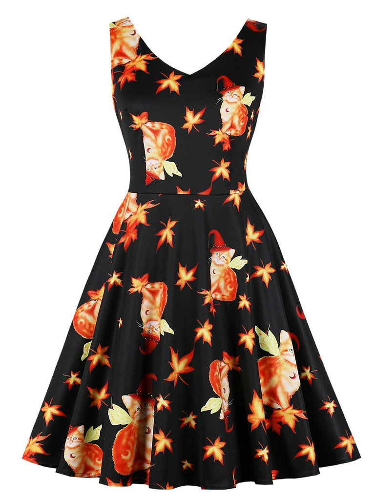 Black 1950s Cat Leaf Swing Dress