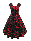 1950s Cherry Square Neck Swing Dress