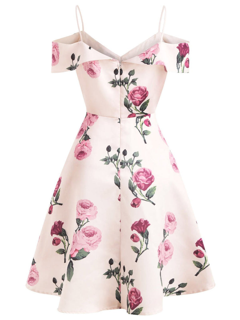 Special Pink 1950s Floral Spaghetti Strip Dress