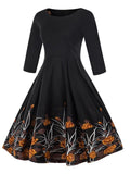 1950s Floral 3/4 Sleeve Swing Dress