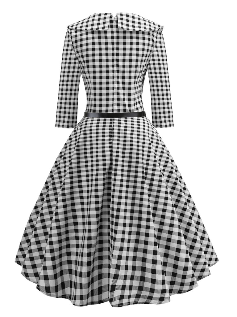 Black 1950s Plaid Turn-down Collar Dress
