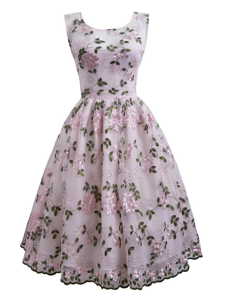Pink 1950s Floral Embroidery Dress