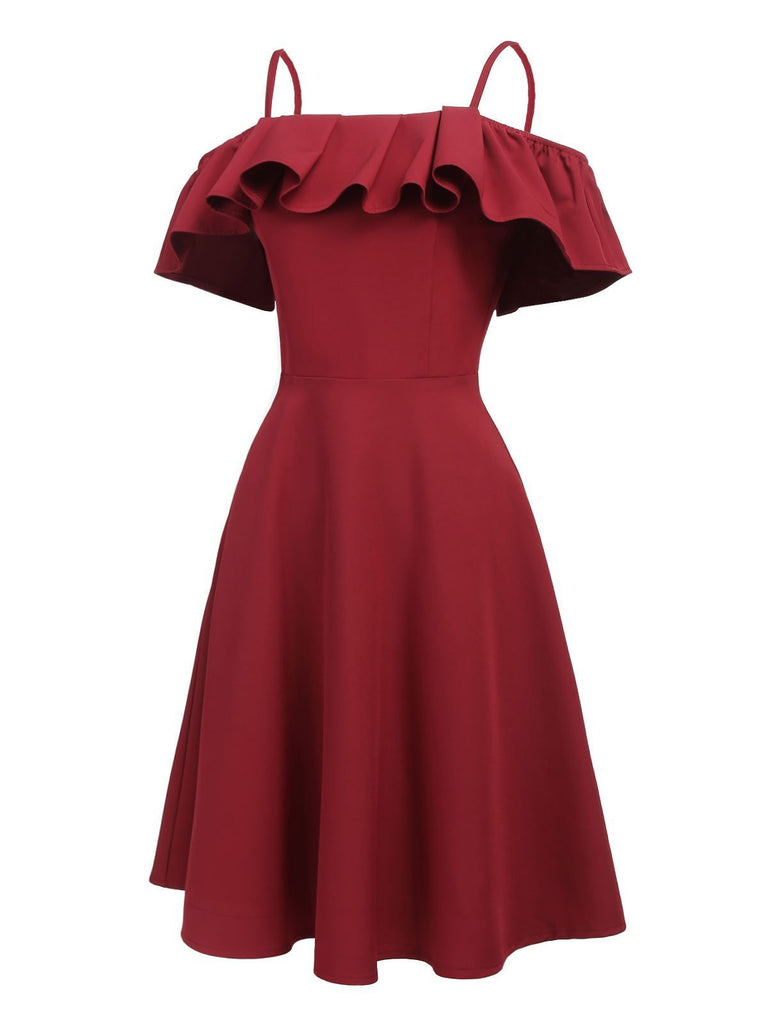 Wine Red 1950s Ruffle Cold Shoulder Dress