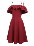 Wine Red 1950s Ruffle Cold Shoulder Dress