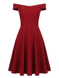 Wine Red 1950s Solid Off Shoulder Dress