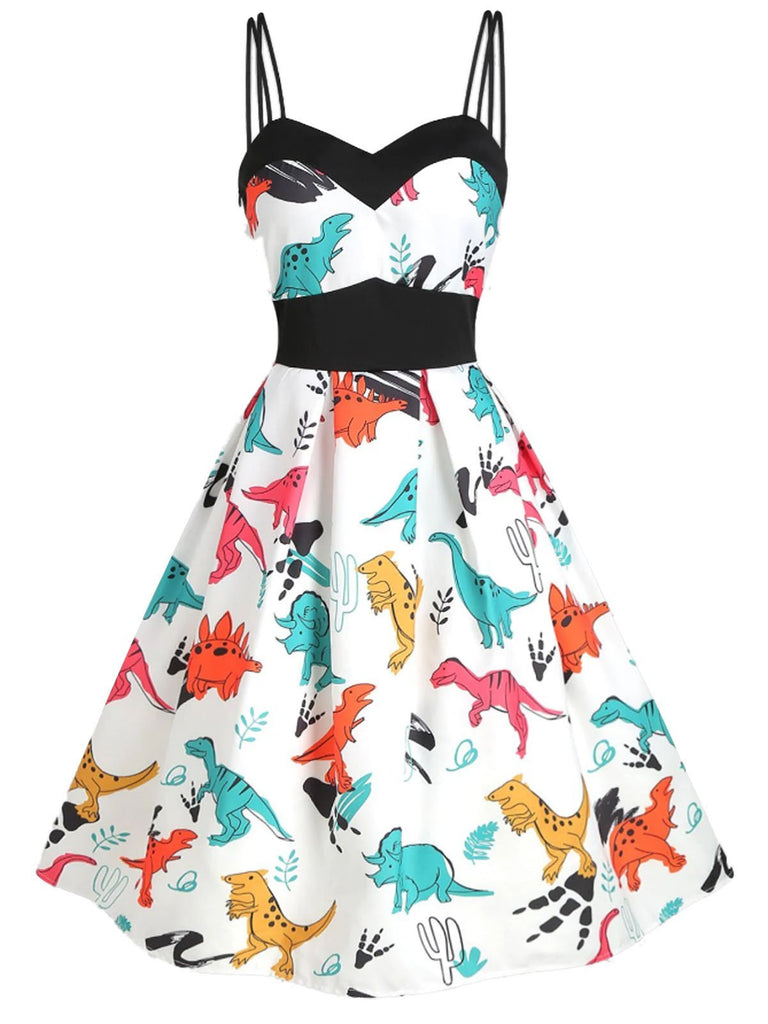 White 1950s Dinosaurs Strap Dress
